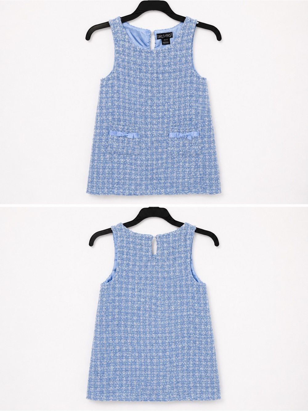 Blue Tweed Bow-Accent Sleeveless Dress for Kids -